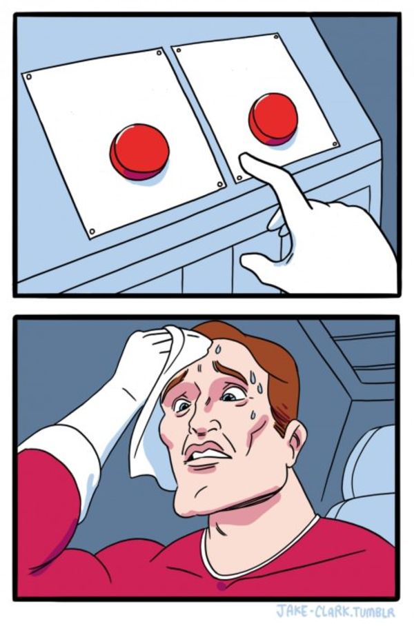 Two Buttons meme about Lion Pose