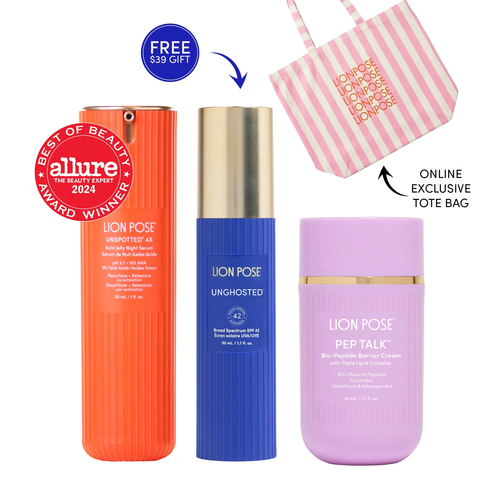 Lion Pose bundle with serum, SPF, peptide cream and tote bag