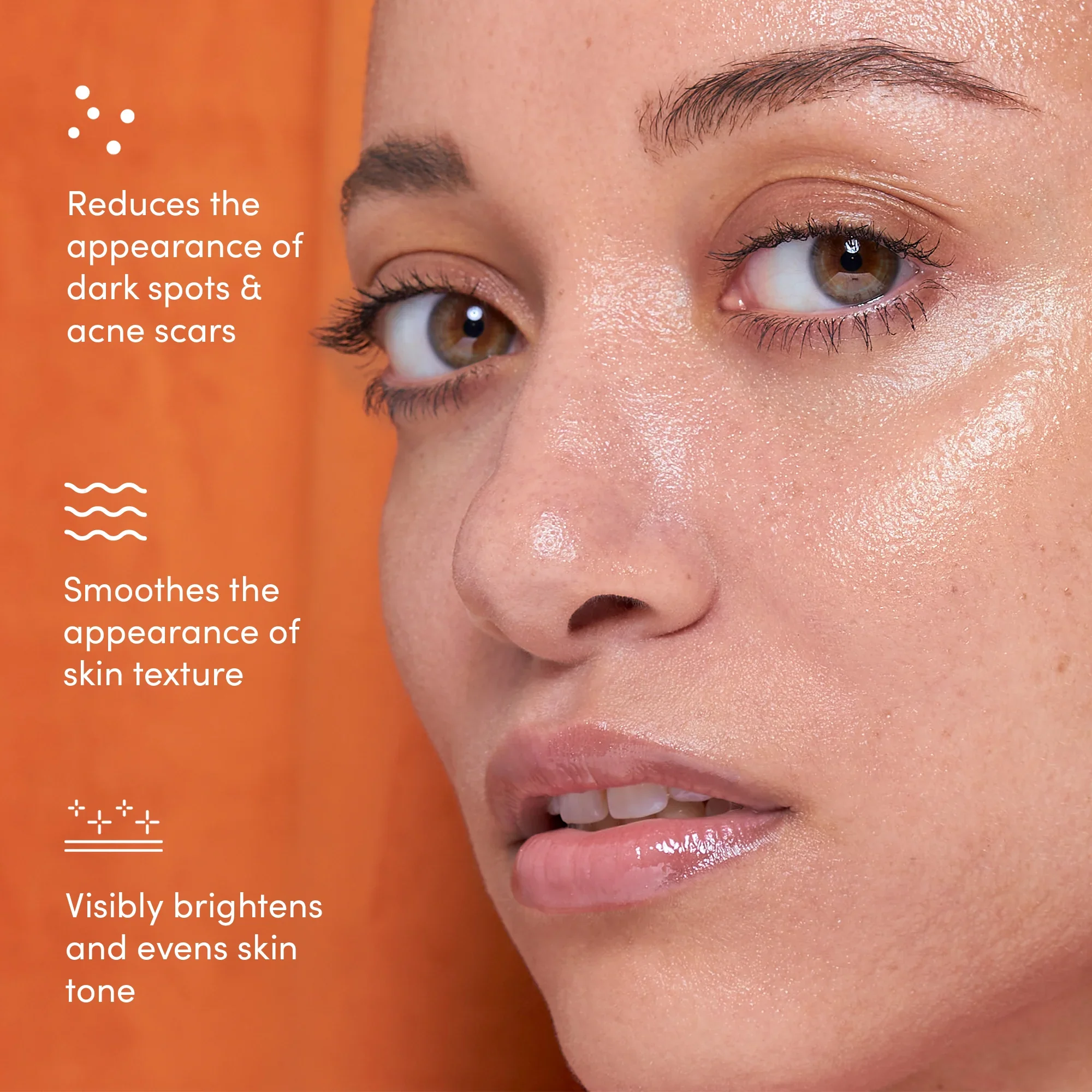 Close-up face with UNSPOTTED serum benefits listed beside it