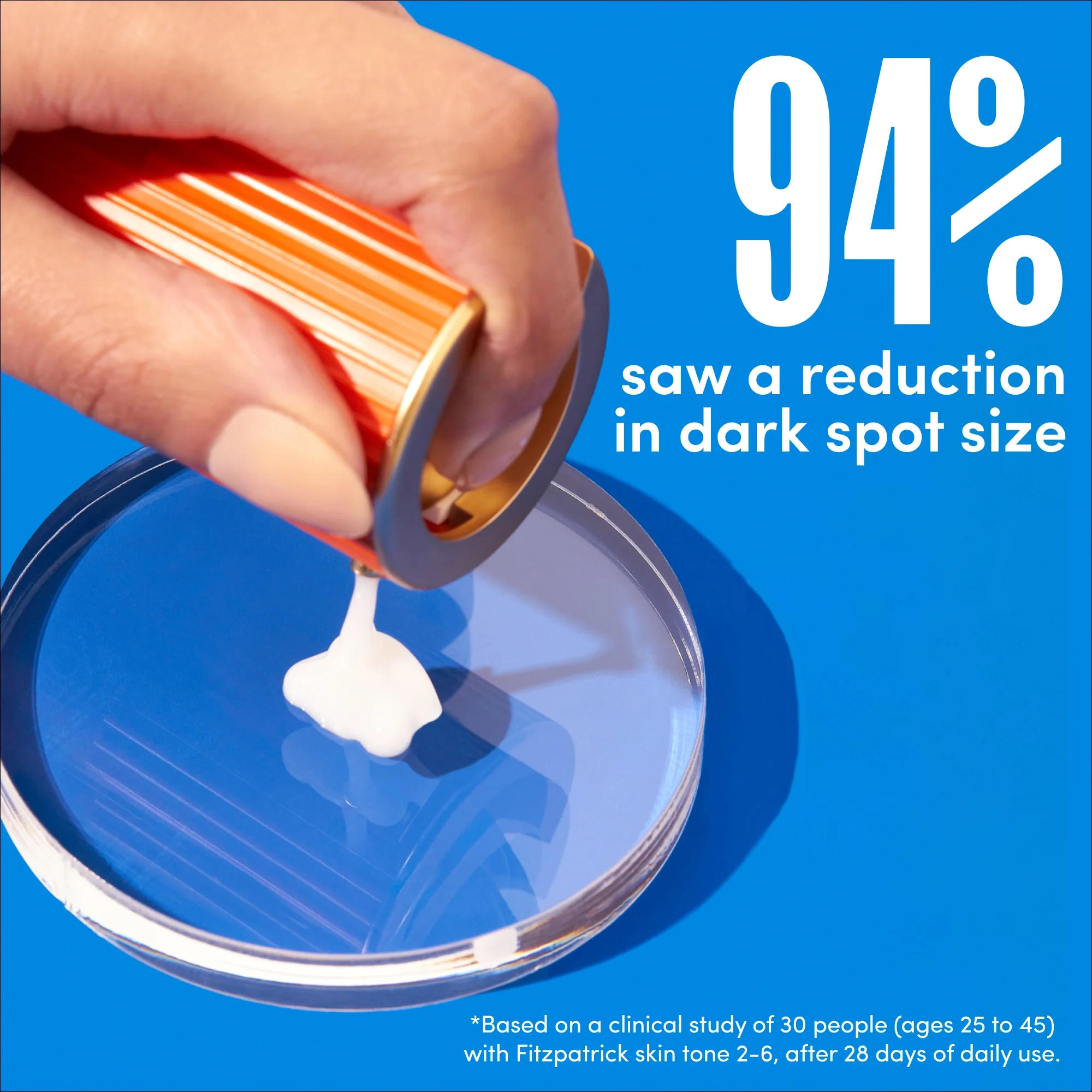 Hand pouring serum onto a dish beside a 94% dark spot size reduction result